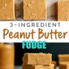 A collage of creamy peanut butter fudge pieces cut into squares, with some sprinkled with crumbs, alongside a text overlay that reads “3-Ingredient Peanut Butter Fudge.”