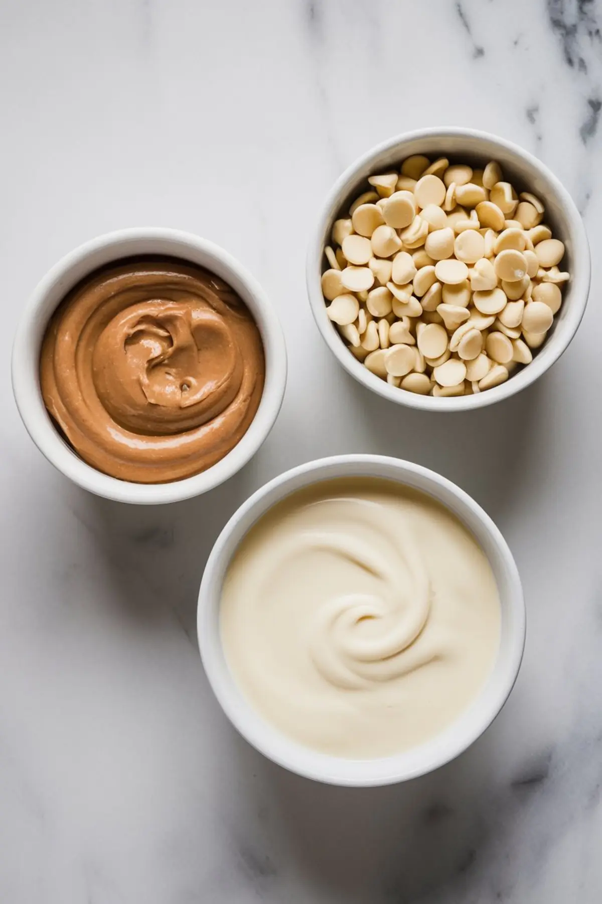 Three small white bowls on a marble surface, each containing an ingredient for peanut butter fudge: creamy peanut butter, smooth melted white chocolate, and white chocolate chips.