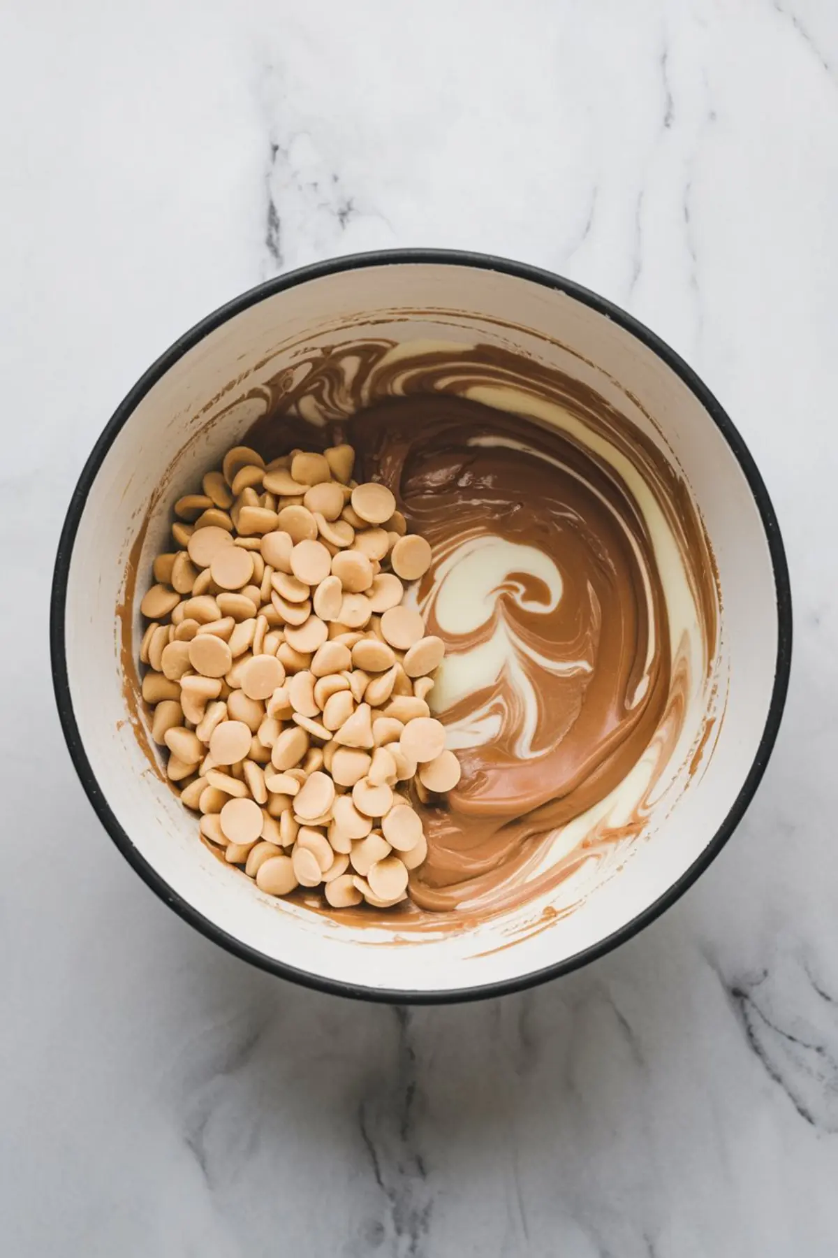 A mixing bowl with swirled melted peanut butter and white chocolate, with a pile of white chocolate chips on top, ready to be stirred.