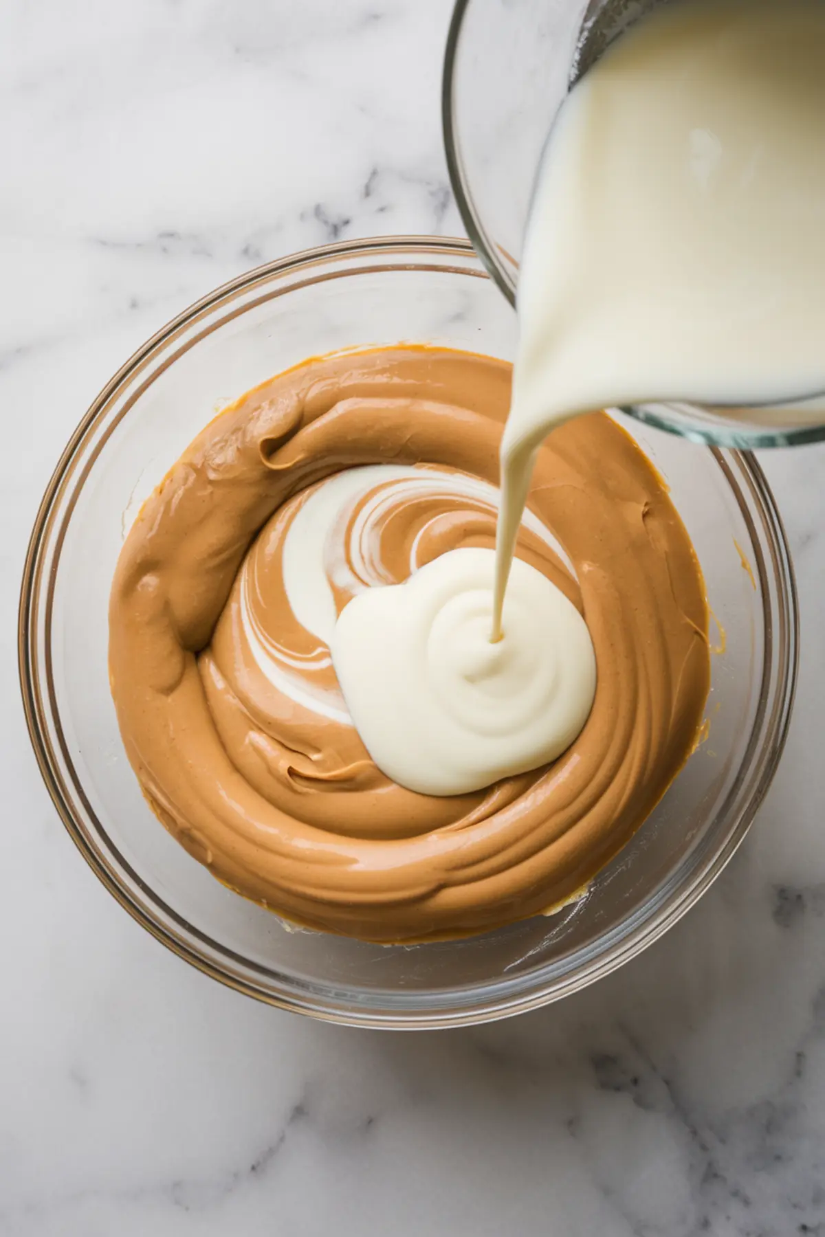 A close-up of a glass bowl with thick, swirled peanut butter mixture as melted white chocolate is being poured in, creating a marbled effect.