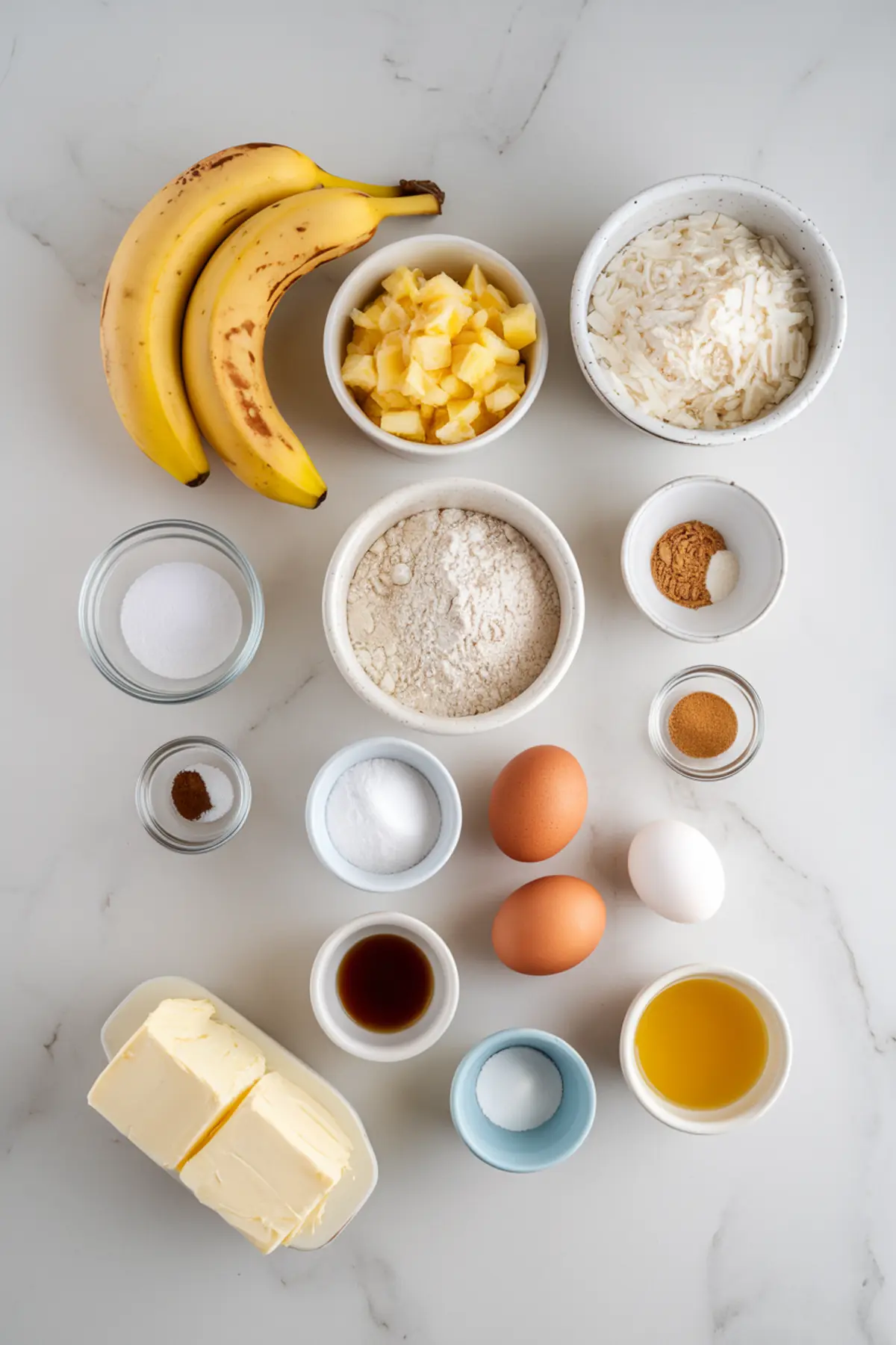 A flat lay of ingredients on a white surface, including ripe bananas, cubed pineapple, shredded coconut, flour, eggs, sugar, butter, vanilla extract, and various spices. Small bowls hold each ingredient for an organized baking setup.