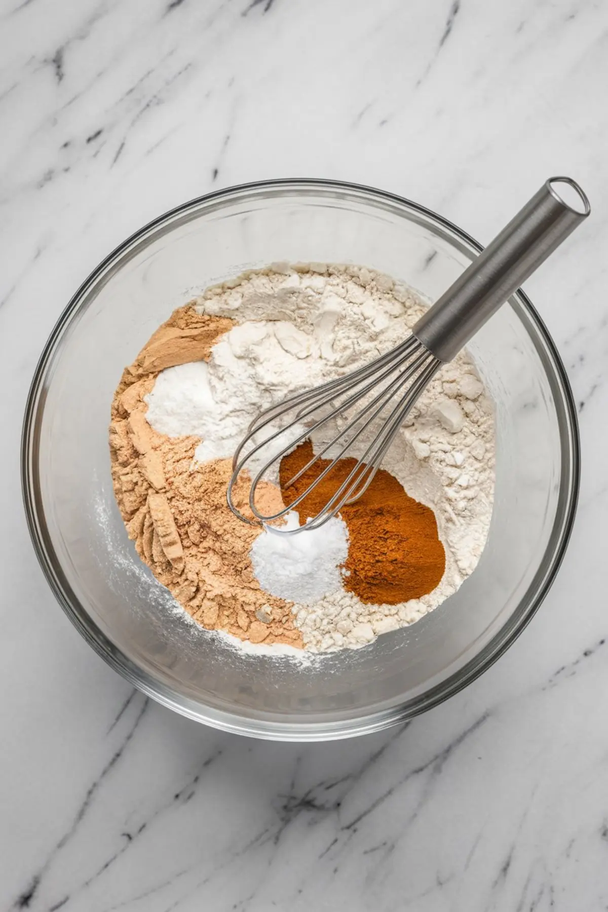A glass mixing bowl filled with dry ingredients like flour, cinnamon, nutmeg, and baking soda. A metal whisk rests inside, ready to combine the ingredients.