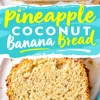 An image featuring pineapple coconut banana bread with a blue and yellow text overlay. The sliced piece displays a soft texture with visible bits of banana and pineapple.