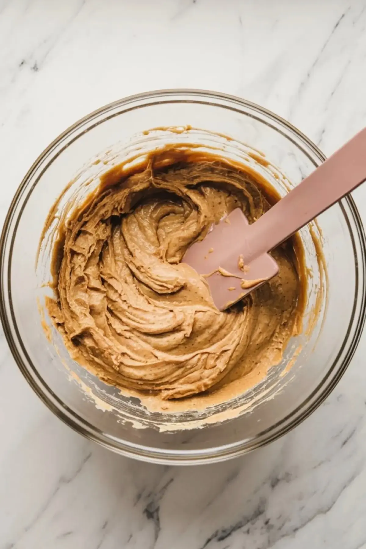 A glass bowl with thick, rich pineapple coconut banana bread batter. A pink silicone spatula is partially submerged, showing the smooth consistency before baking.