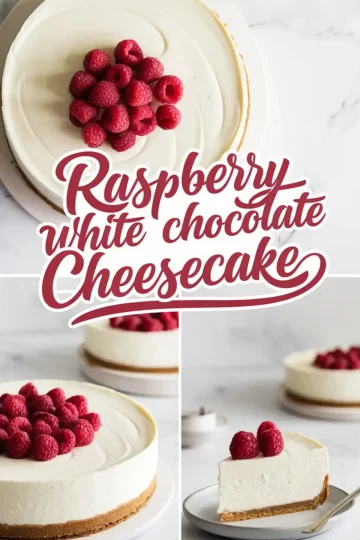 A collage featuring a raspberry white chocolate cheesecake with a smooth, creamy texture and a golden graham cracker crust. The cheesecake is topped with fresh raspberries and presented on a white plate against a marble background. The collage includes different angles, including a full cake, a sliced portion, and a close-up of the creamy texture. Decorative text overlay highlights the dessert’s name in elegant script.