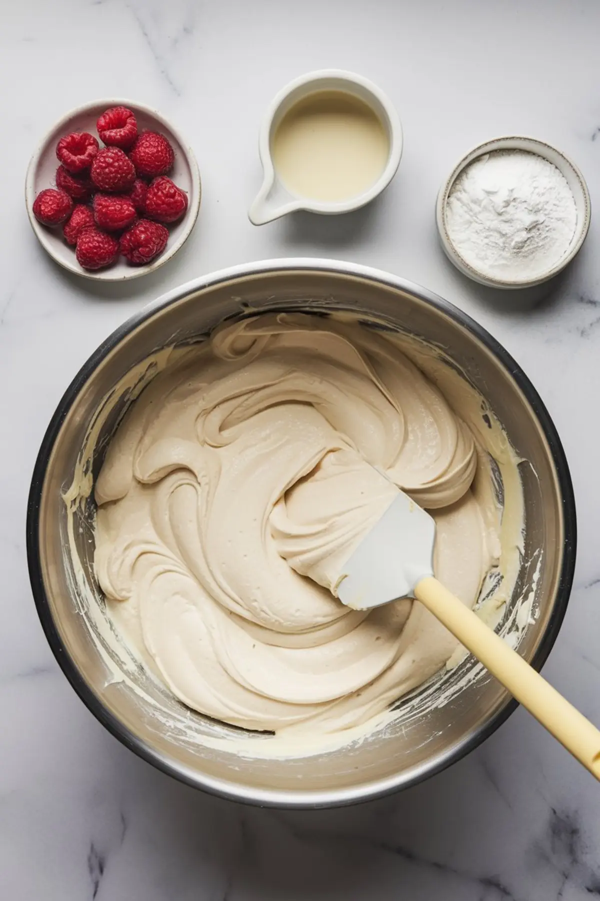 A mixing bowl with a creamy, whipped raspberry white chocolate cheesecake filling being stirred with a rubber spatula. Surrounding the bowl are small dishes containing fresh raspberries, powdered sugar, and melted white chocolate, set on a white marble countertop.