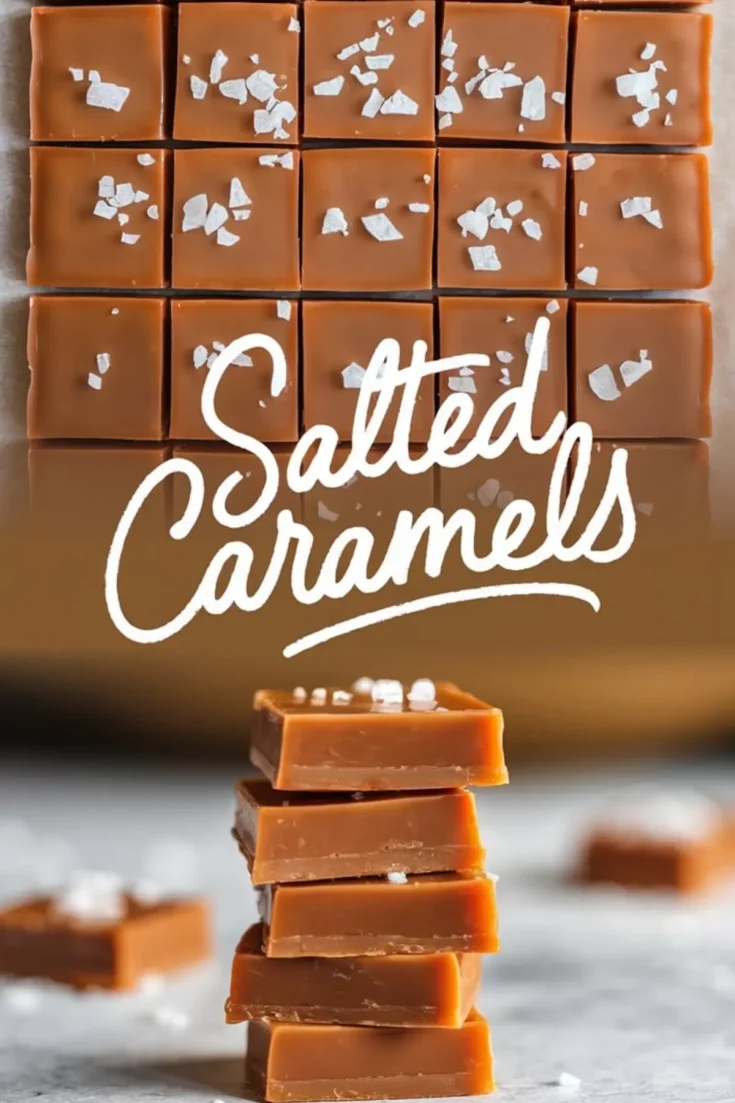 A close-up shot of homemade salted caramel candies cut into perfect squares, topped with flaky sea salt. The bottom half of the image showcases a stack of caramel pieces with a soft, chewy texture. A stylized “Salted Caramels” text overlay adds a decorative touch.