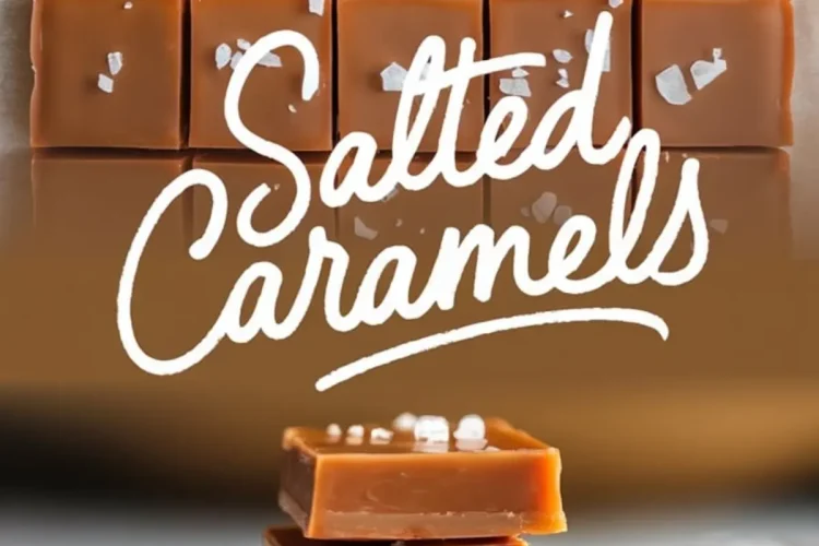A close-up shot of homemade salted caramel candies cut into perfect squares, topped with flaky sea salt. The bottom half of the image showcases a stack of caramel pieces with a soft, chewy texture. A stylized “Salted Caramels” text overlay adds a decorative touch.