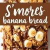 Close-up of s’mores banana bread topped with melted chocolate, toasted marshmallows, and crushed graham crackers. The text overlay reads "S’mores Banana Bread" in white cursive font on a brown background.