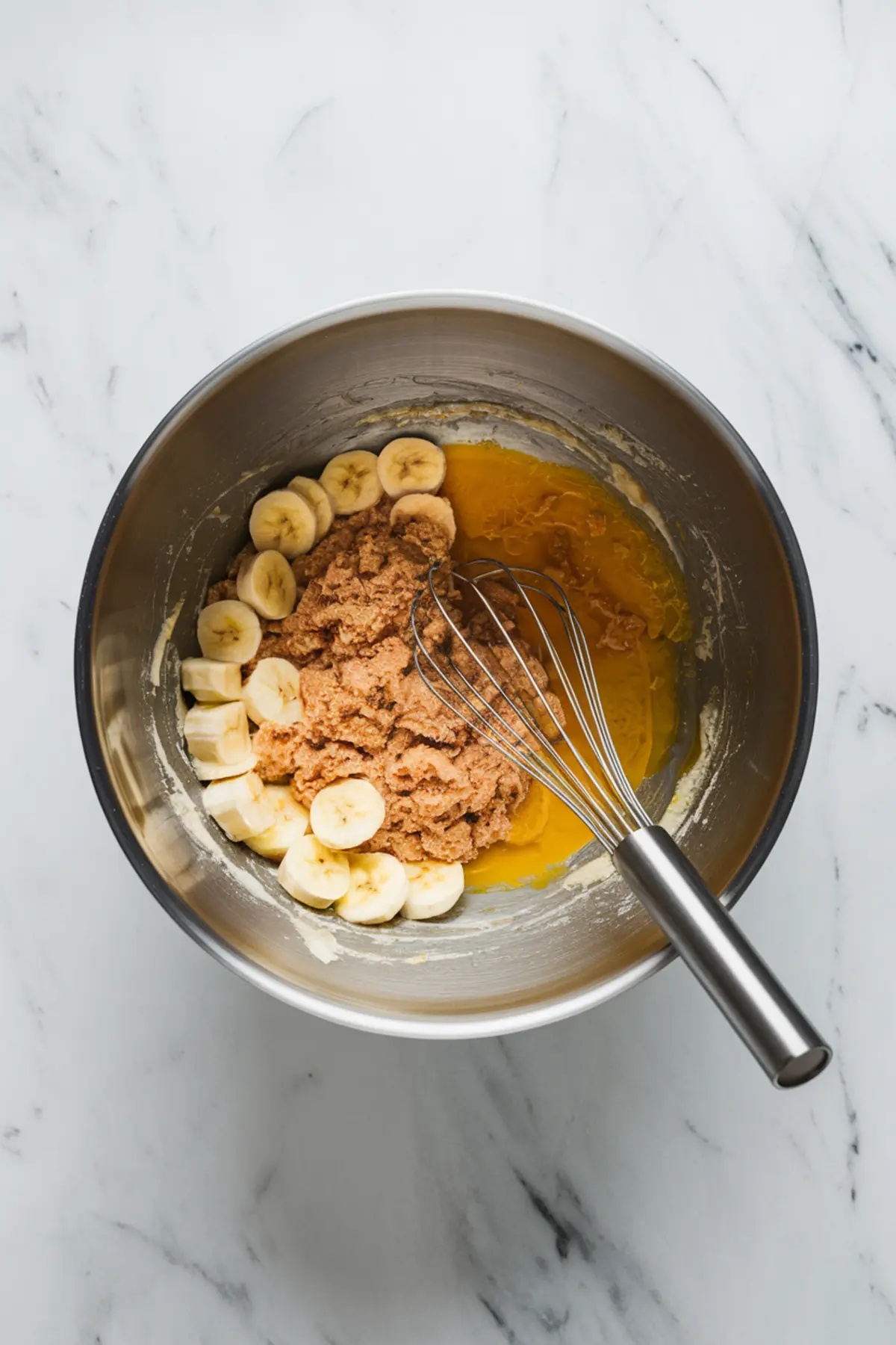 A mixing bowl containing banana slices, brown sugar, melted butter, and a whisk on a marble countertop, showing the preparation process of banana bread batter.