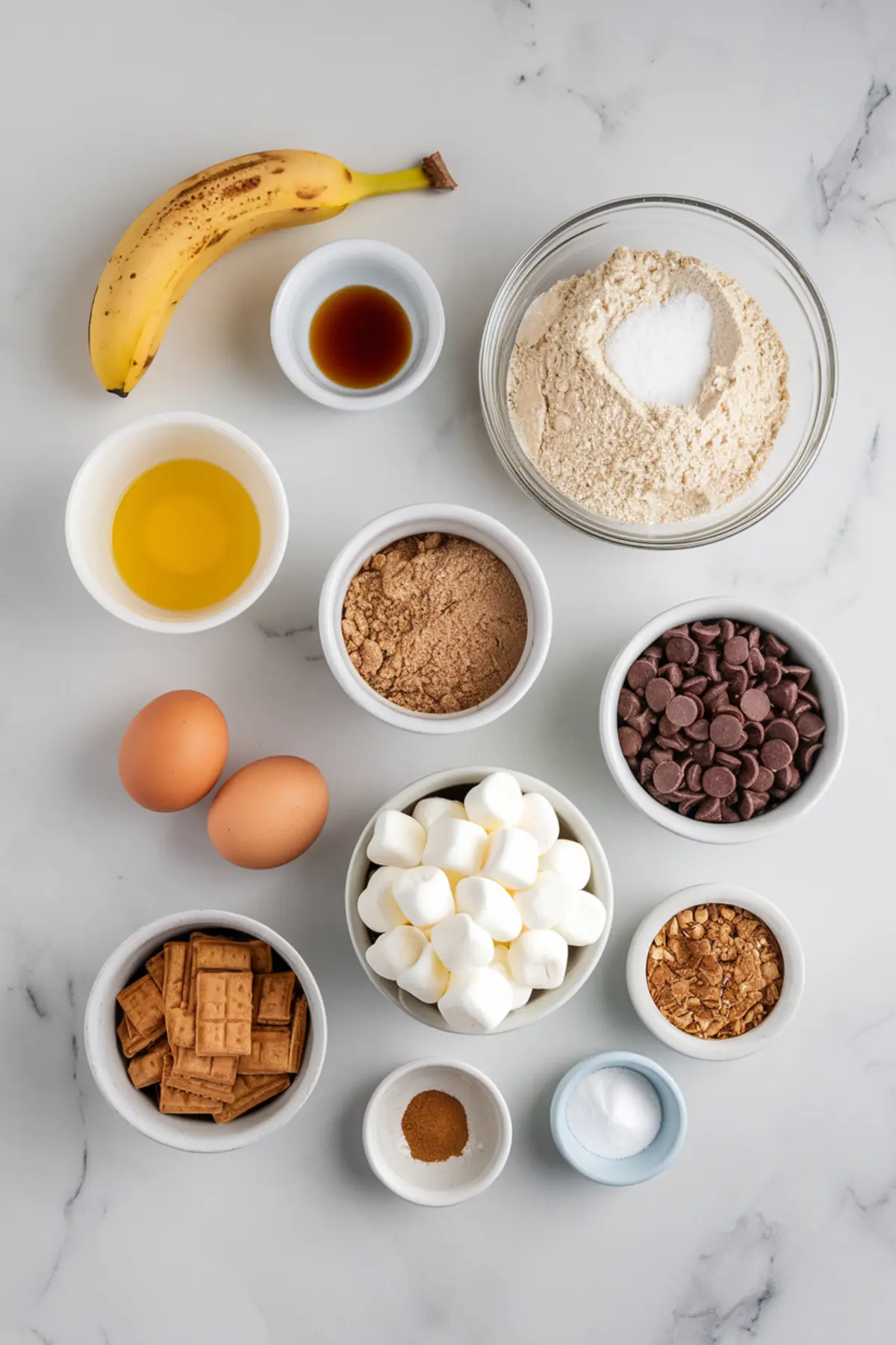Flat lay of s’mores banana bread ingredients, including a ripe banana, eggs, flour, sugar, cinnamon, vanilla extract, chocolate chips, marshmallows, graham crackers, and baking powder, arranged in small bowls on a white marble surface.