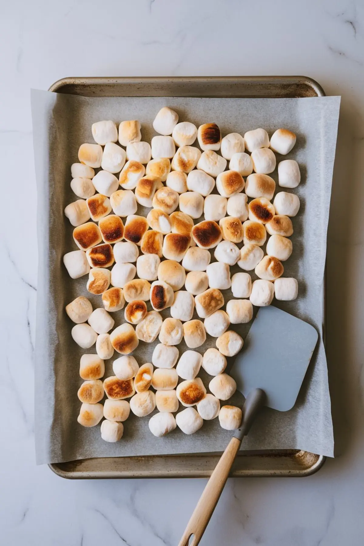 A parchment-lined baking sheet filled with evenly toasted mini marshmallows, some golden-brown and others with a deeper char, with a spatula resting on the tray.