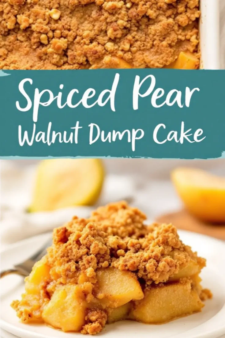 A close-up of a freshly baked spiced pear walnut dump cake with a golden-brown crumble topping. The text overlay reads “Spiced Pear Walnut Dump Cake.” A plated portion in the background showcases tender baked pears beneath a crunchy topping.