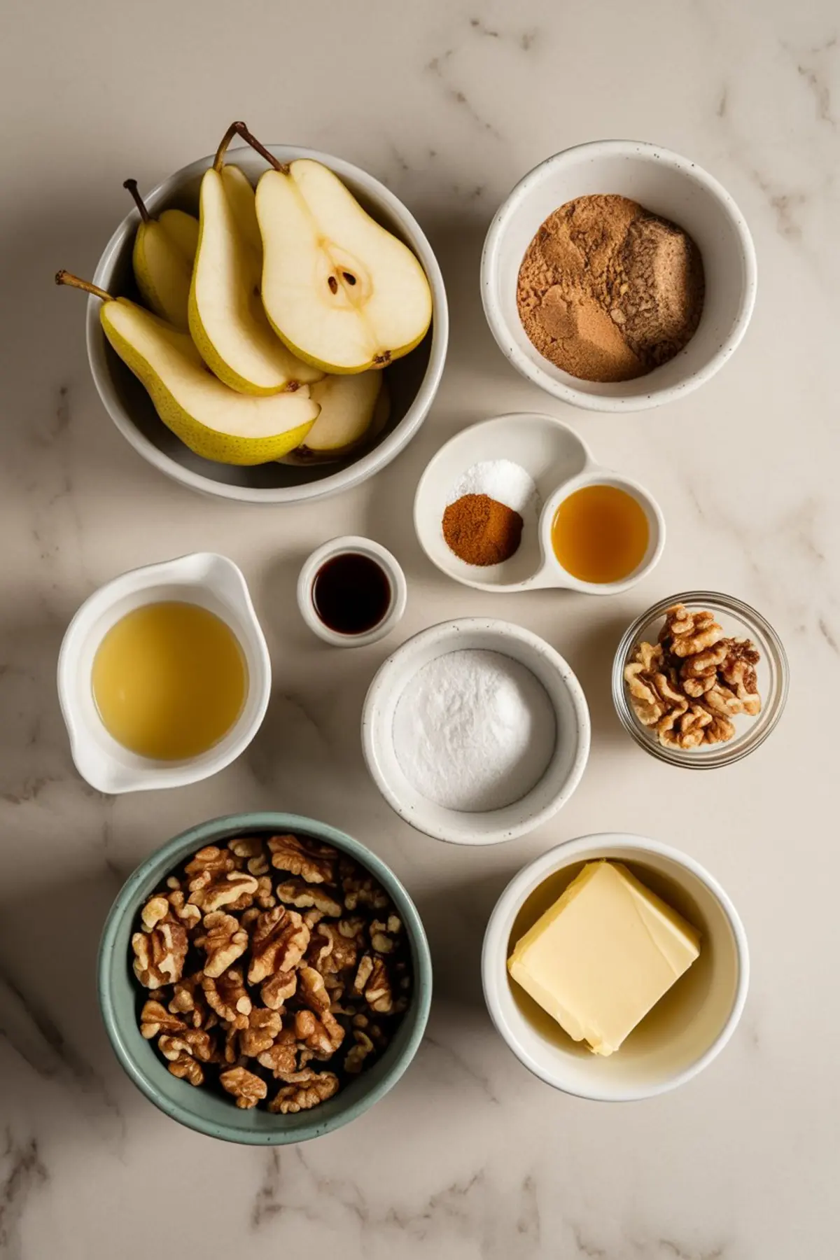 A flat lay of ingredients for a spiced pear walnut dump cake, arranged on a marble countertop. The selection includes sliced pears, brown sugar, butter, walnuts, vanilla extract, cinnamon, salt, baking powder, apple juice, and flour, presented in various ceramic and glass bowls.