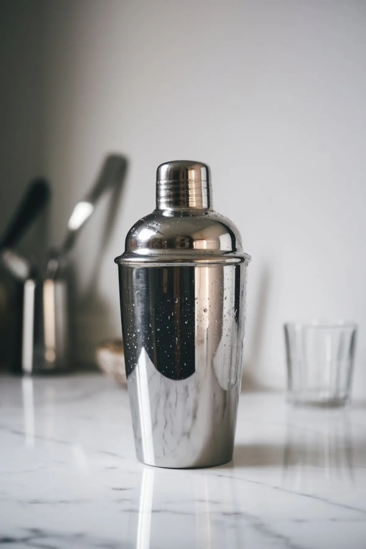 Stainless steel cocktail shaker with condensation droplets on a marble countertop. The background includes blurred bar tools and a glass, creating a minimalist bar scene.