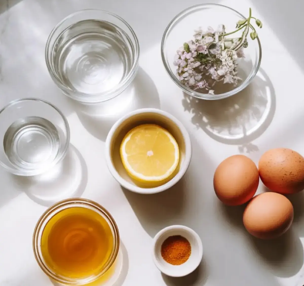 Flat lay of cocktail ingredients on a white surface, including glass bowls with water, delicate white flowers, lemon half, eggs, golden liquid, and a small bowl of orange spice. Soft sunlight casts gentle shadows.