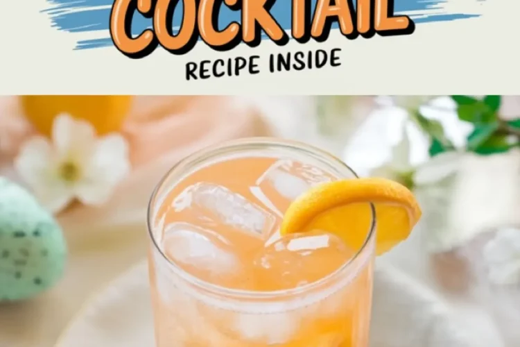 Collage image of a refreshing screwdriver cocktail with vibrant orange juice and ice cubes, garnished with an orange slice. The text reads “Screwdriver Cocktail - Recipe Inside,” surrounded by spring decor including pastel eggs and white flowers, creating a festive, cheerful atmosphere.