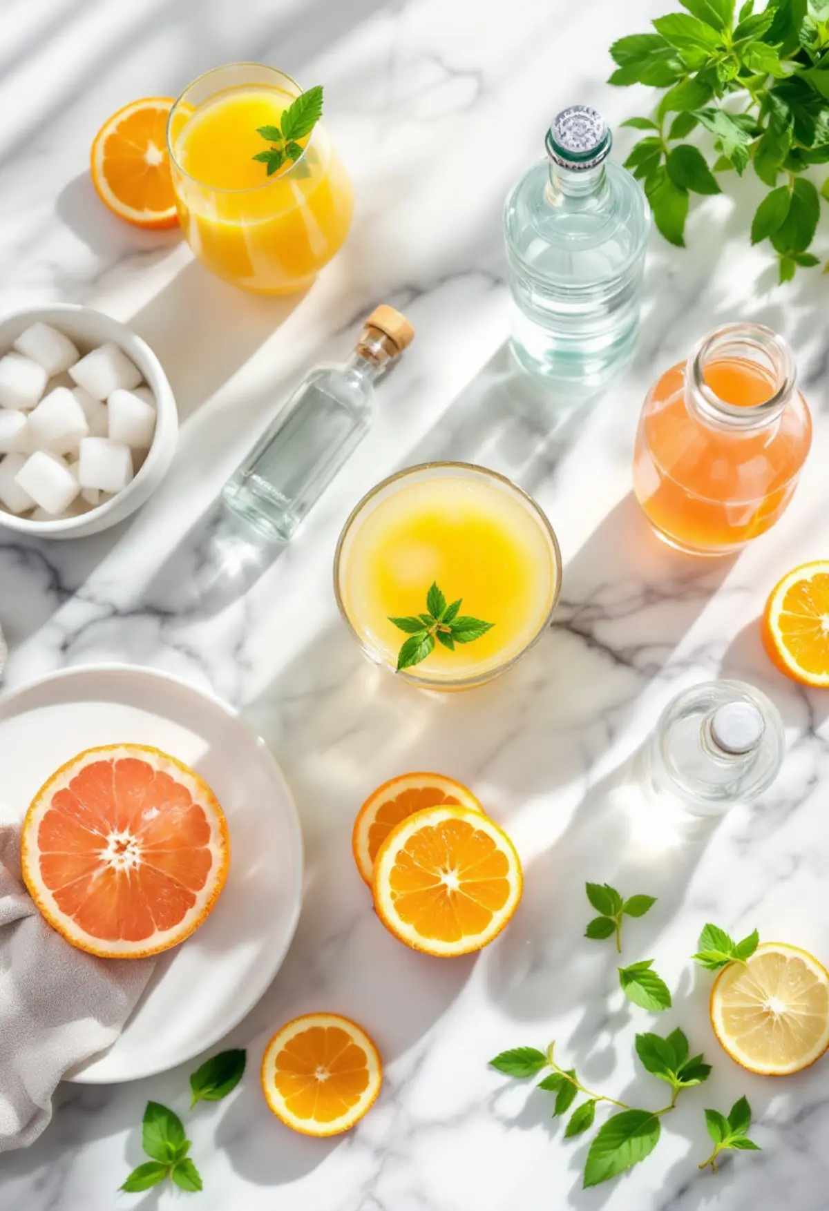 Flat lay of screwdriver cocktail ingredients on a marble countertop, including fresh orange juice, grapefruit slices, vodka bottles, ice cubes, and vibrant mint leaves. The bright natural light enhances the colorful citrus fruits and fresh herbs, creating an inviting setup for crafting a refreshing drink.