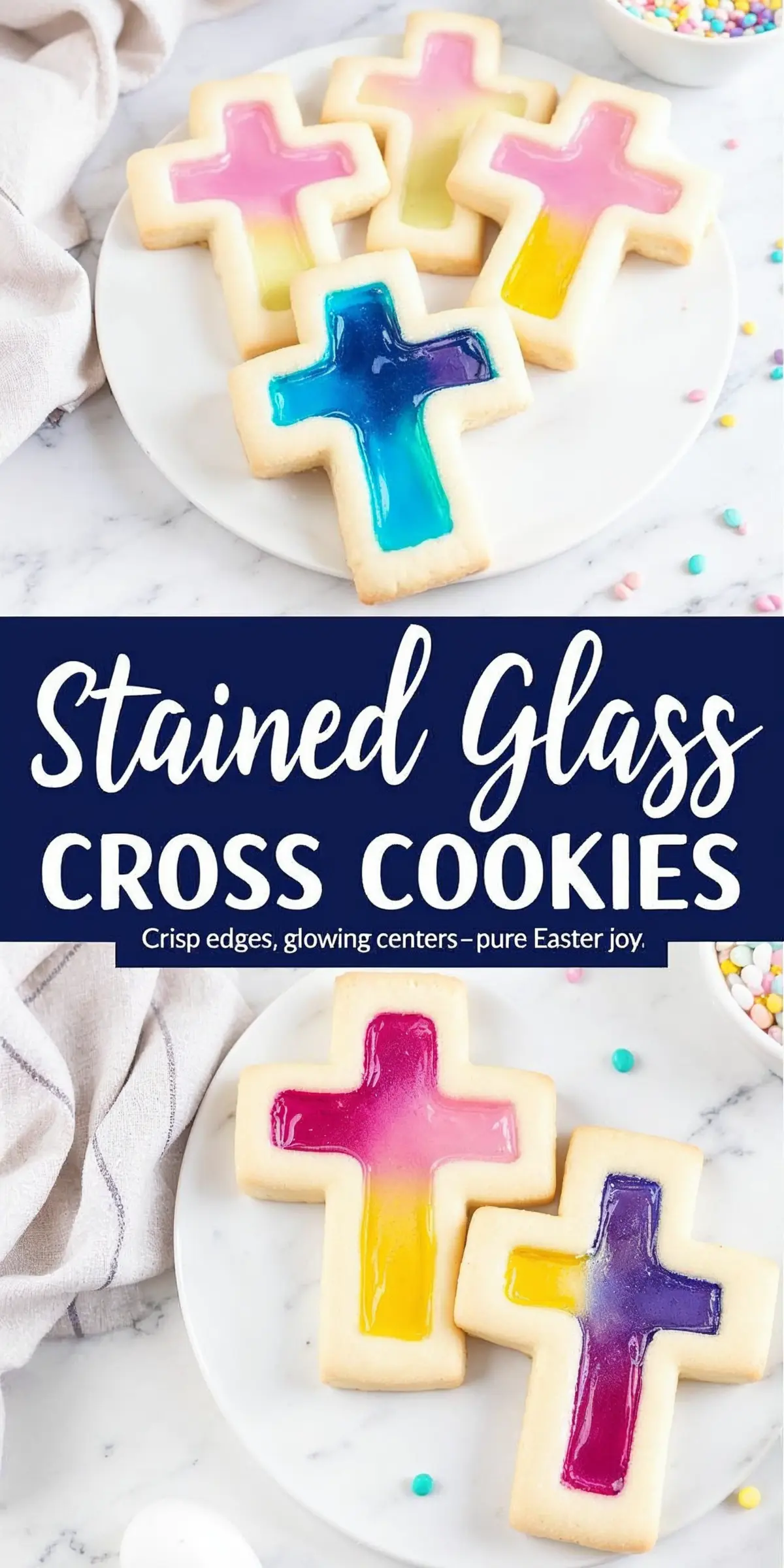 A plate of cross-shaped stained glass cookies with colorful translucent centers in shades of pink, yellow, blue, and purple. The cookies have crisp, golden edges and are arranged on a white plate with pastel sprinkles scattered around. A bold text overlay reads “Stained Glass Cross Cookies,” emphasizing their festive Easter theme.