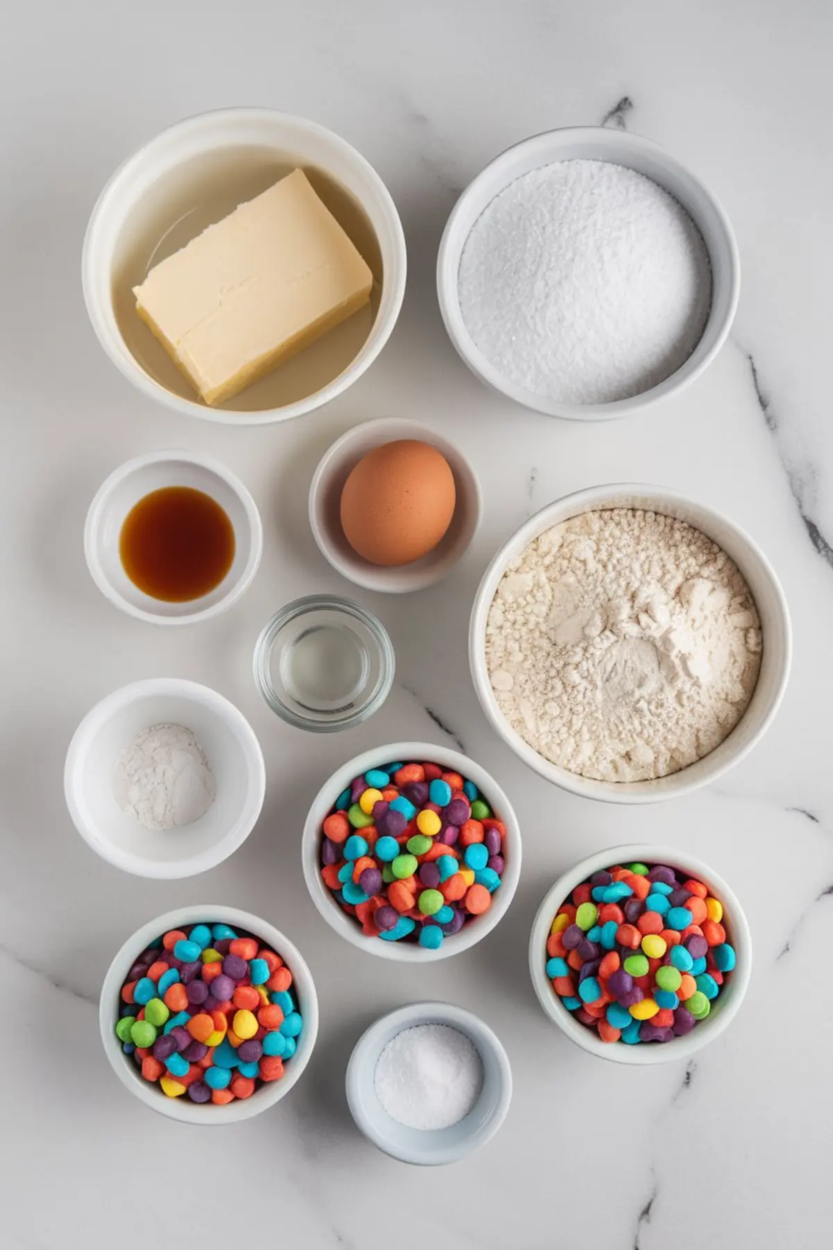 A flat-lay view of baking ingredients in small white bowls on a marble surface. The ingredients include butter, powdered sugar, flour, an egg, vanilla extract, baking powder, salt, and small colorful candies, which will be used to create the stained glass effect in the cookies.
