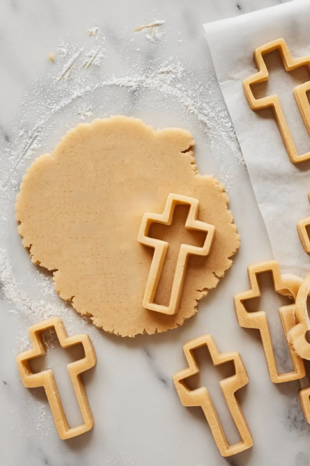 Cross-shaped cookie dough cutouts on a floured marble surface. A cookie cutter is pressed into a rolled-out dough sheet, with cut-out cookie shapes scattered nearby, ready for baking. The scene captures the cookie-making process before the stained glass filling is added.