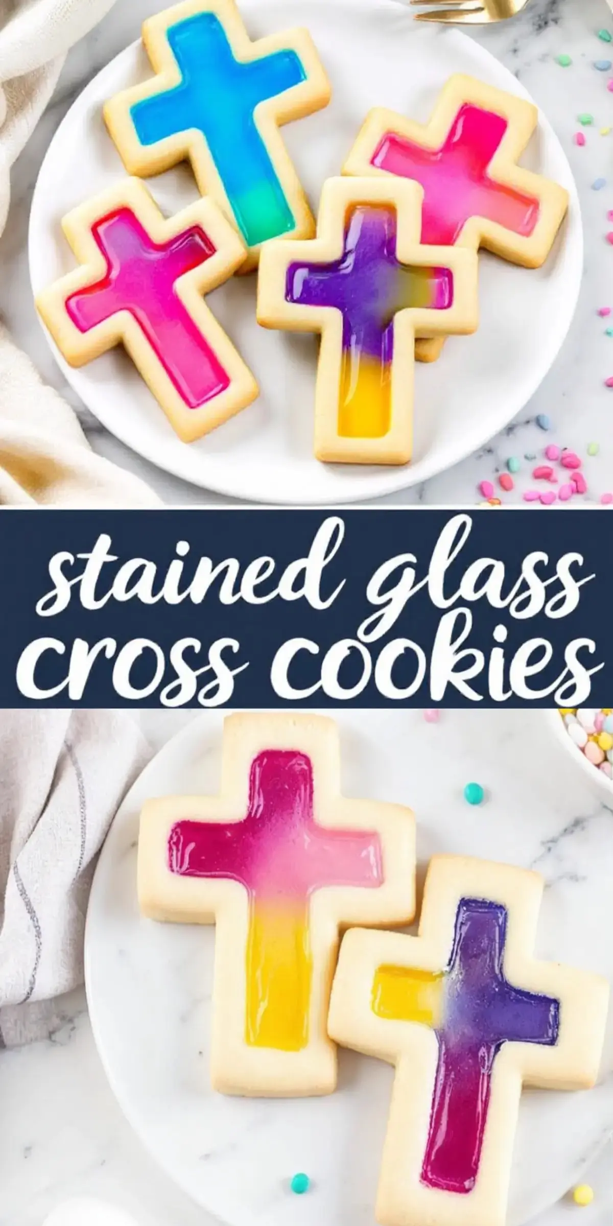 A collage of two images showcasing stained glass cross cookies with vibrant, glossy centers in blue, pink, purple, and yellow. The cookies are plated on a white dish with pastel sprinkles, and a decorative text overlay reads “stained glass cross cookies,” emphasizing their eye-catching design.