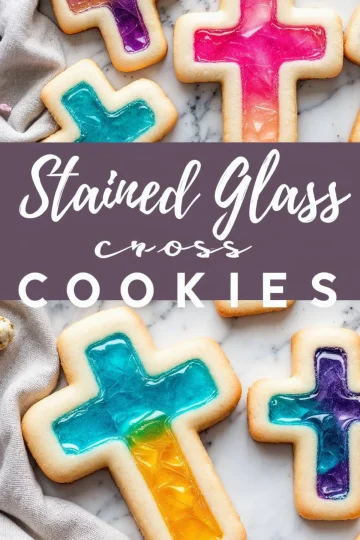A close-up of stained glass cross cookies with rich, jewel-toned centers in turquoise, pink, and purple. The glossy centers resemble stained glass, contrasting with the crisp, golden cookie edges. The text overlay highlights the cookie theme, reinforcing their festive and decorative appeal.
