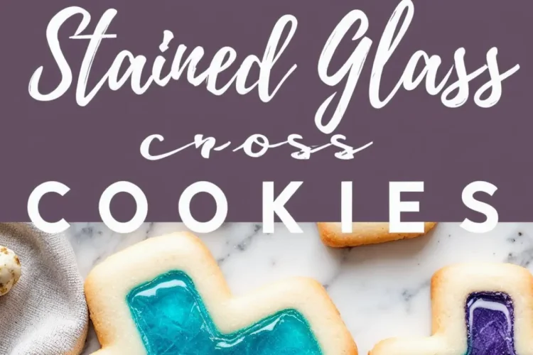 A close-up of stained glass cross cookies with rich, jewel-toned centers in turquoise, pink, and purple. The glossy centers resemble stained glass, contrasting with the crisp, golden cookie edges. The text overlay highlights the cookie theme, reinforcing their festive and decorative appeal.