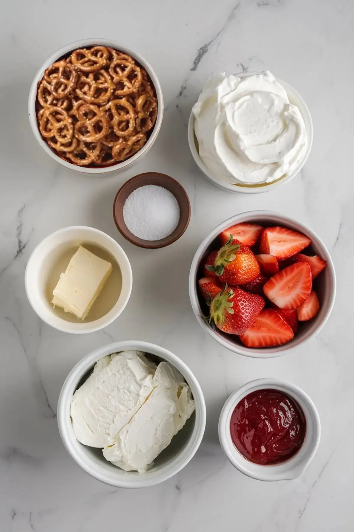 A flat lay of ingredients for strawberry pretzel salad, including a bowl of pretzels, a dish of softened butter, a small bowl of sugar, fresh strawberries, whipped topping, cream cheese, and a small bowl of strawberry sauce, all arranged on a white marble countertop.