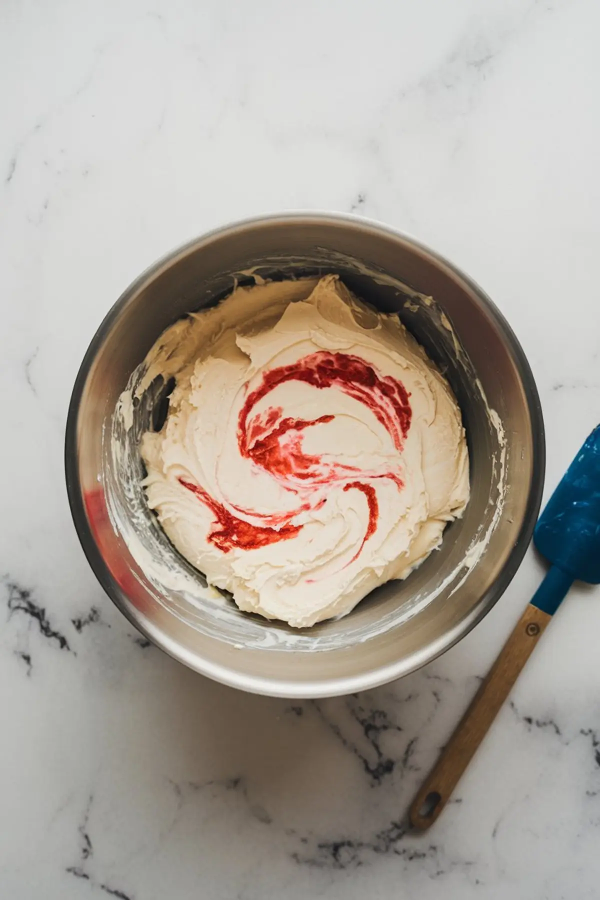 A stainless steel mixing bowl with a creamy white mixture swirled with red strawberry sauce. A blue spatula with a wooden handle rests on the white marble countertop beside the bowl.