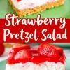 A close-up of a strawberry pretzel salad slice on a green plate. The vibrant red strawberry gelatin and fresh strawberries contrast with the creamy filling and golden pretzel crust. A red banner in the middle reads “Strawberry Pretzel Salad” in white script.