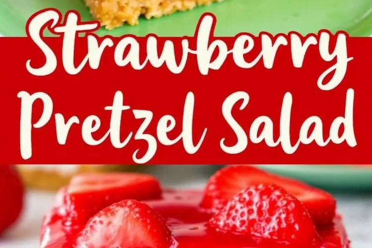 A close-up of a strawberry pretzel salad slice on a green plate. The vibrant red strawberry gelatin and fresh strawberries contrast with the creamy filling and golden pretzel crust. A red banner in the middle reads “Strawberry Pretzel Salad” in white script.