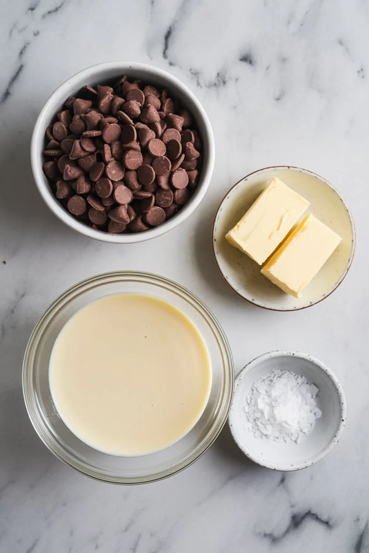 A flat-lay image of ingredients for making chocolate fudge, including a bowl of chocolate chips, a glass bowl of sweetened condensed milk, a dish with two butter slices, and a small bowl of flaky sea salt. The marble countertop serves as a backdrop.
