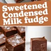 A collage featuring sweetened condensed milk fudge with flaky sea salt. The top section presents fudge squares on a white plate. The bottom left section showcases a close-up of a piece with a bite taken out, revealing a soft texture. The bottom right section features a single fudge square on a plate. A brown text box contains the title “Sweetened Condensed Milk Fudge.”