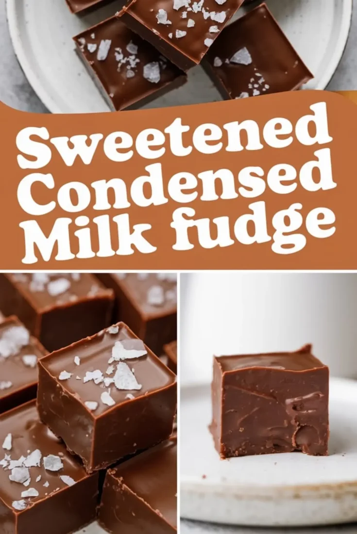 A collage featuring sweetened condensed milk fudge with flaky sea salt. The top section presents fudge squares on a white plate. The bottom left section showcases a close-up of a piece with a bite taken out, revealing a soft texture. The bottom right section features a single fudge square on a plate. A brown text box contains the title “Sweetened Condensed Milk Fudge.”
