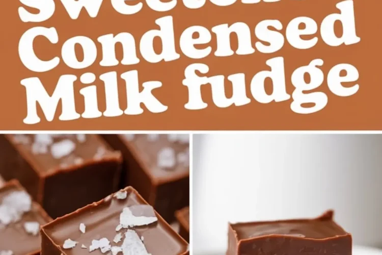 A collage featuring sweetened condensed milk fudge with flaky sea salt. The top section presents fudge squares on a white plate. The bottom left section showcases a close-up of a piece with a bite taken out, revealing a soft texture. The bottom right section features a single fudge square on a plate. A brown text box contains the title “Sweetened Condensed Milk Fudge.”