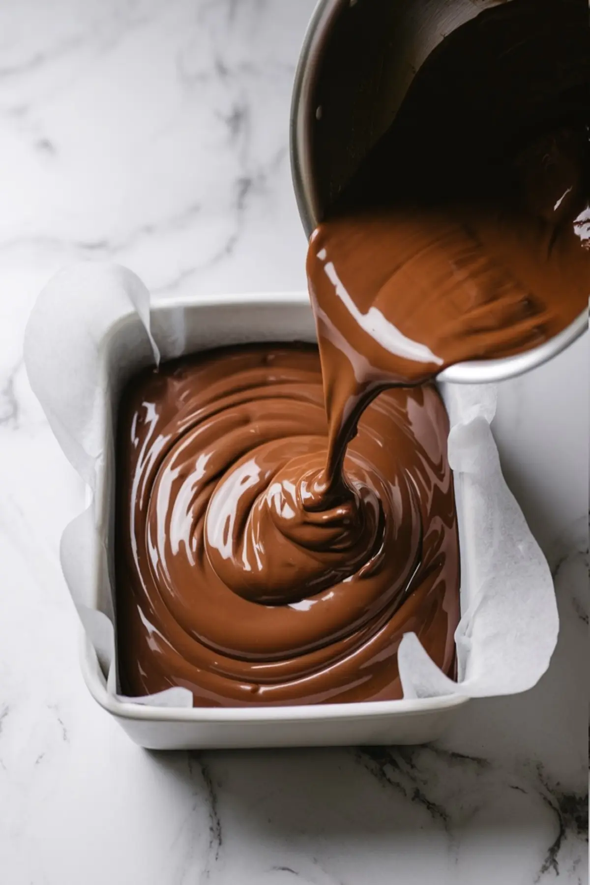 A rich, melted chocolate mixture being poured from a saucepan into a parchment-lined baking dish. The smooth chocolate swirls as it fills the pan, with a marble surface in the background.