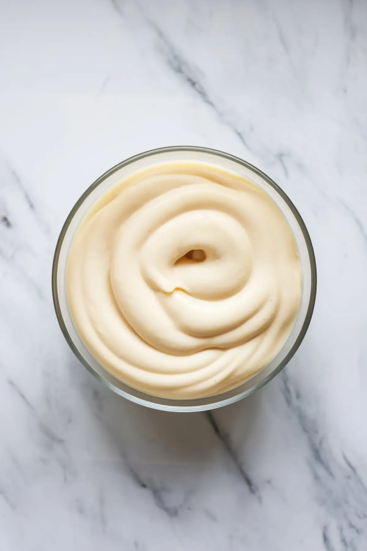Smooth, creamy batter in a glass bowl on a marble surface, showing a light, velvety texture.