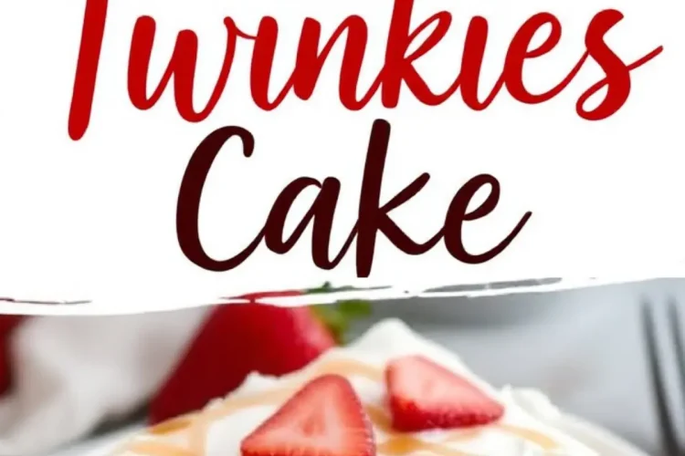Pinterest collage for Twinkies cake showing a close-up of whipped cream, caramel, and strawberry slices with the text “Twinkies Cake for Spring” and a plated slice with a golden, fluffy texture.