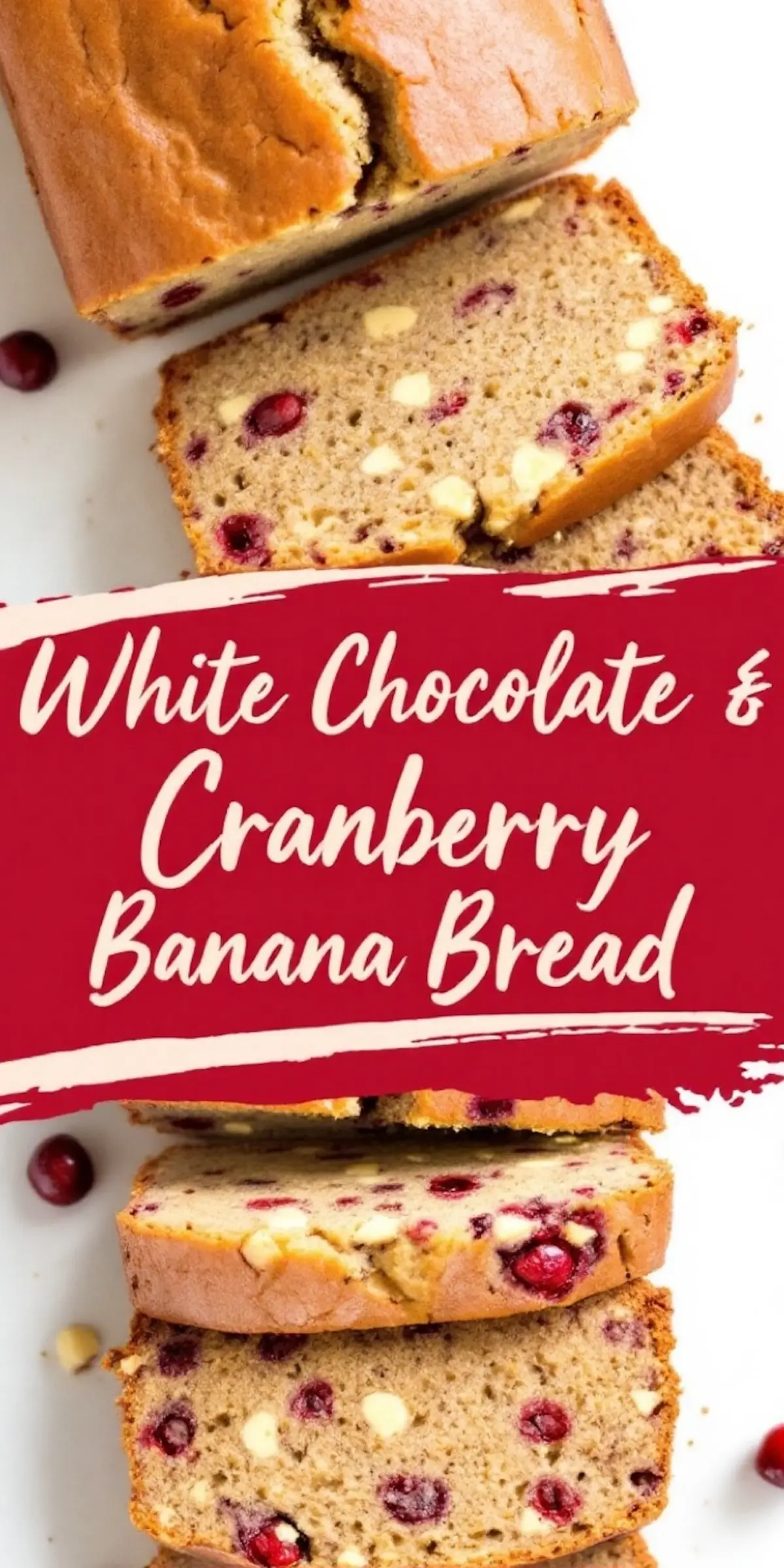 A sliced loaf of white chocolate cranberry banana bread on a white surface. The interior of the bread is speckled with whole cranberries and white chocolate chips. The image has a bold red banner in the center with the text “White Chocolate & Cranberry Banana Bread.”