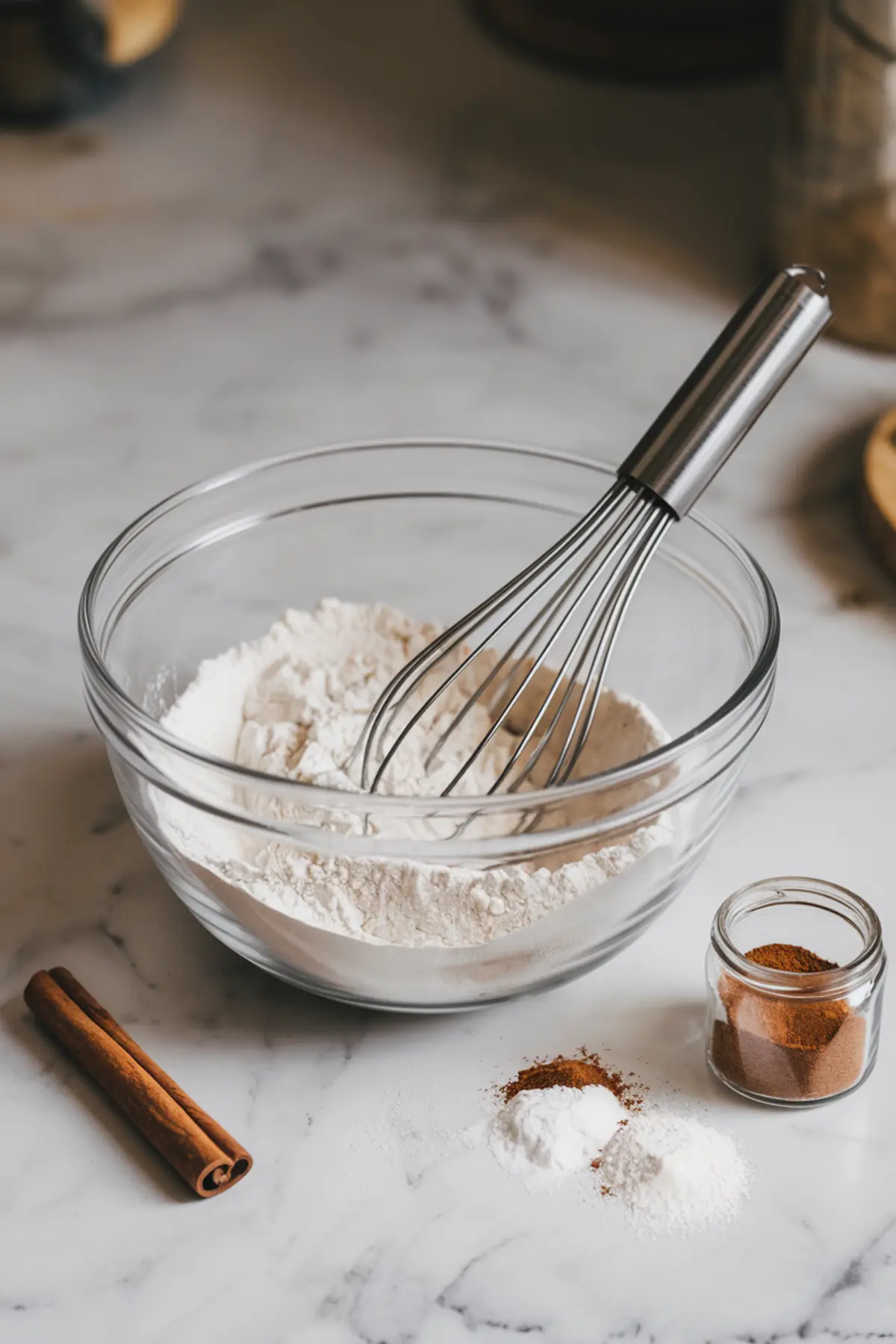 A glass mixing bowl filled with flour on a marble countertop. A stainless steel whisk rests inside the bowl. Next to it, cinnamon sticks, baking powder, and a small jar of cinnamon are arranged neatly.