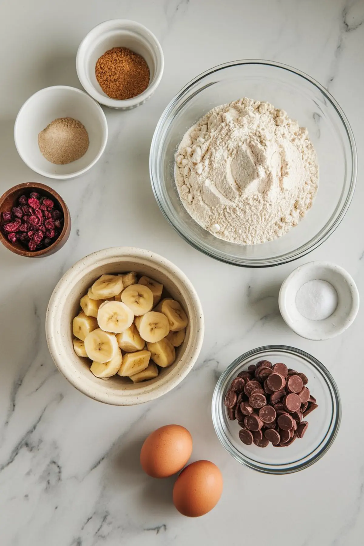 An overhead view of baking ingredients on a marble surface. A bowl of sliced bananas, a bowl of dried cranberries, a bowl of flour, chocolate chips, eggs, and small bowls of sugar and salt are arranged in a visually balanced composition.