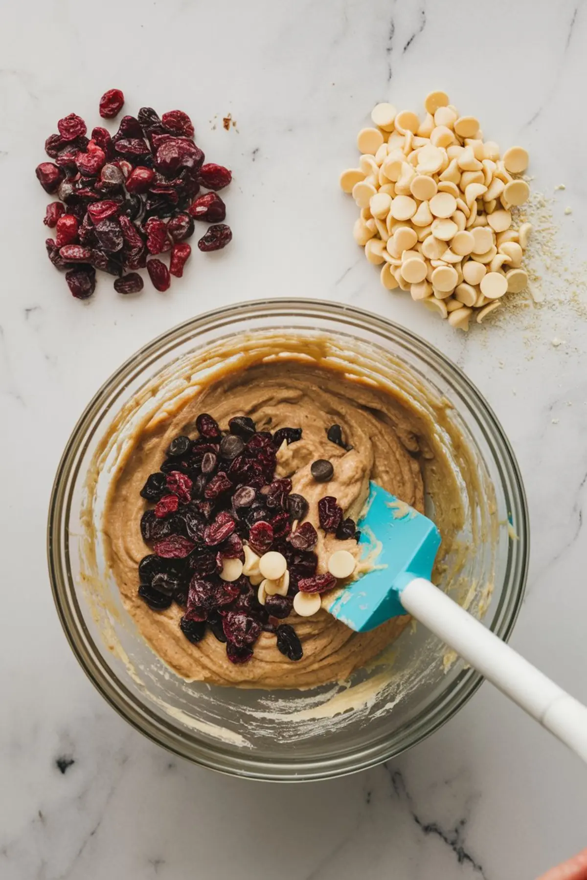 A glass mixing bowl with banana bread batter on a marble countertop. A blue silicone spatula is partially submerged in the batter. White chocolate chips and dried cranberries are being folded in, with additional mix-ins scattered on the surface.