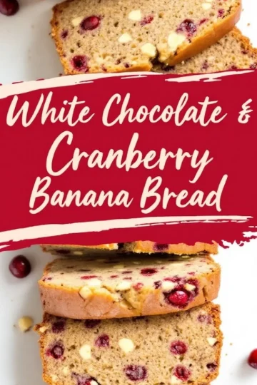 A sliced white chocolate cranberry banana bread loaf with three stacked pieces. The bread has a soft texture with cranberries and melted white chocolate visible. A red banner with the text “White Chocolate & Cranberry Banana Bread” overlays the image.