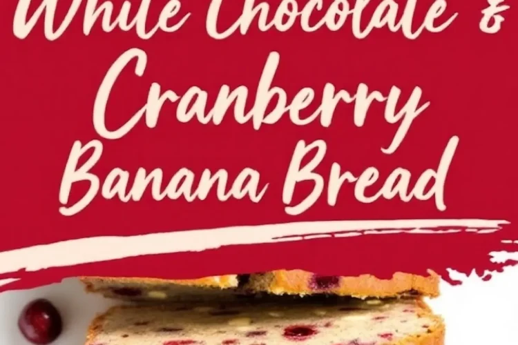 A sliced white chocolate cranberry banana bread loaf with three stacked pieces. The bread has a soft texture with cranberries and melted white chocolate visible. A red banner with the text “White Chocolate & Cranberry Banana Bread” overlays the image.