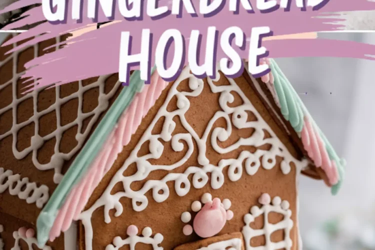 A decorated Easter gingerbread house with white icing details, pastel pink and green accents, and small bunny-shaped decorations. A bold, artistic text overlay reads “EASTER GINGERBREAD HOUSE.”