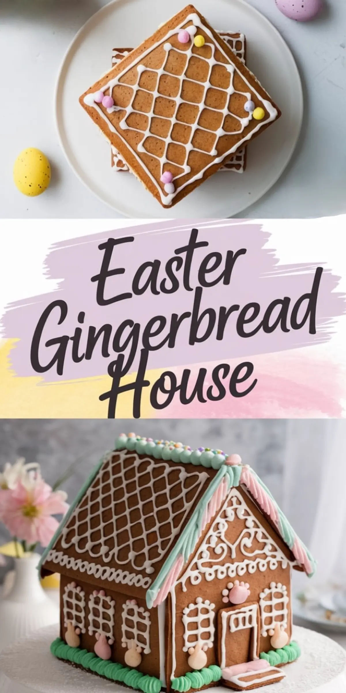 Easter gingerbread house decorated with pastel icing and candy details, featuring a lattice pattern on the roof and bunny-shaped embellishments. A festive Easter treat for kids.