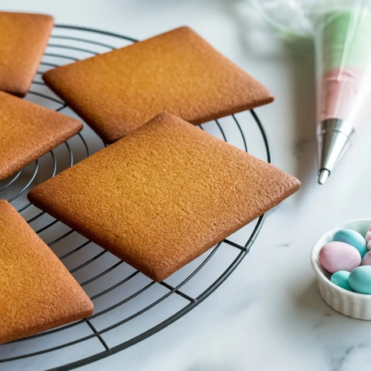 Freshly baked square gingerbread cookies cooling on a black wire rack. A piping bag with pastel-colored icing and a small bowl of pastel candy-coated chocolates are placed nearby, ready for decorating.