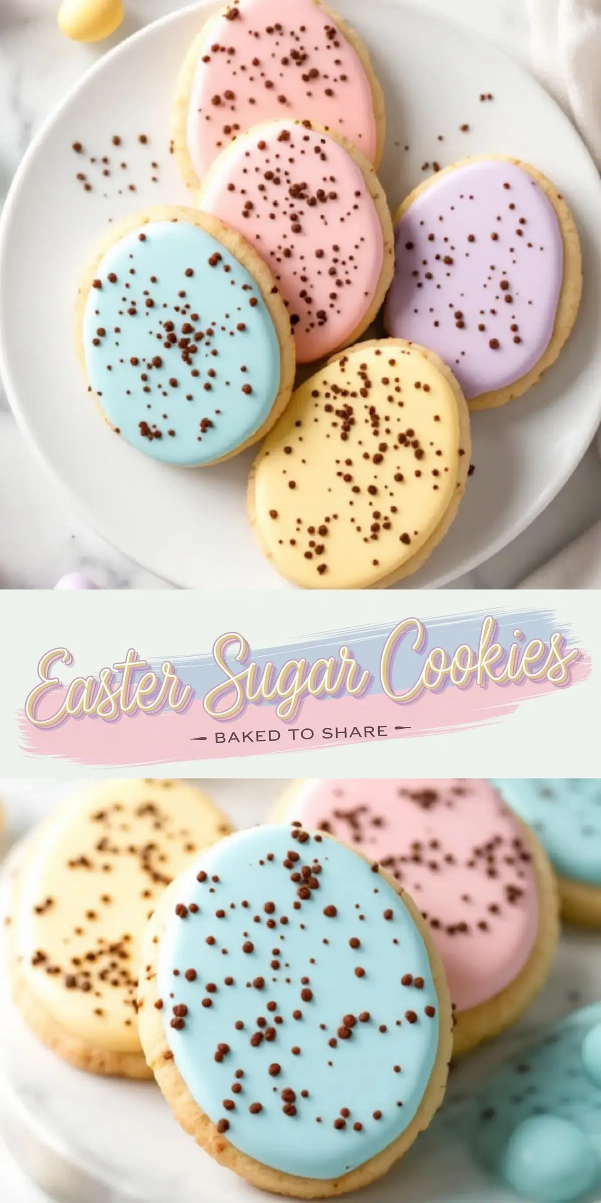 Easter sugar cookies shaped like eggs, covered in smooth pastel icing in blue, pink, purple, and yellow, sprinkled with chocolate flakes, and served on a white plate. A sweet Easter treat for kids.