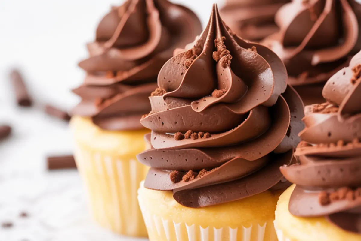 Close-up of vanilla cupcakes topped with tall swirls of chocolate buttercream frosting, decorated with chocolate powder and arranged on a white surface. These cupcakes showcase a rich and creamy chocolate buttercream frosting recipe piped into elegant peaks, ideal for homemade cupcake decoration and chocolate dessert ideas.
